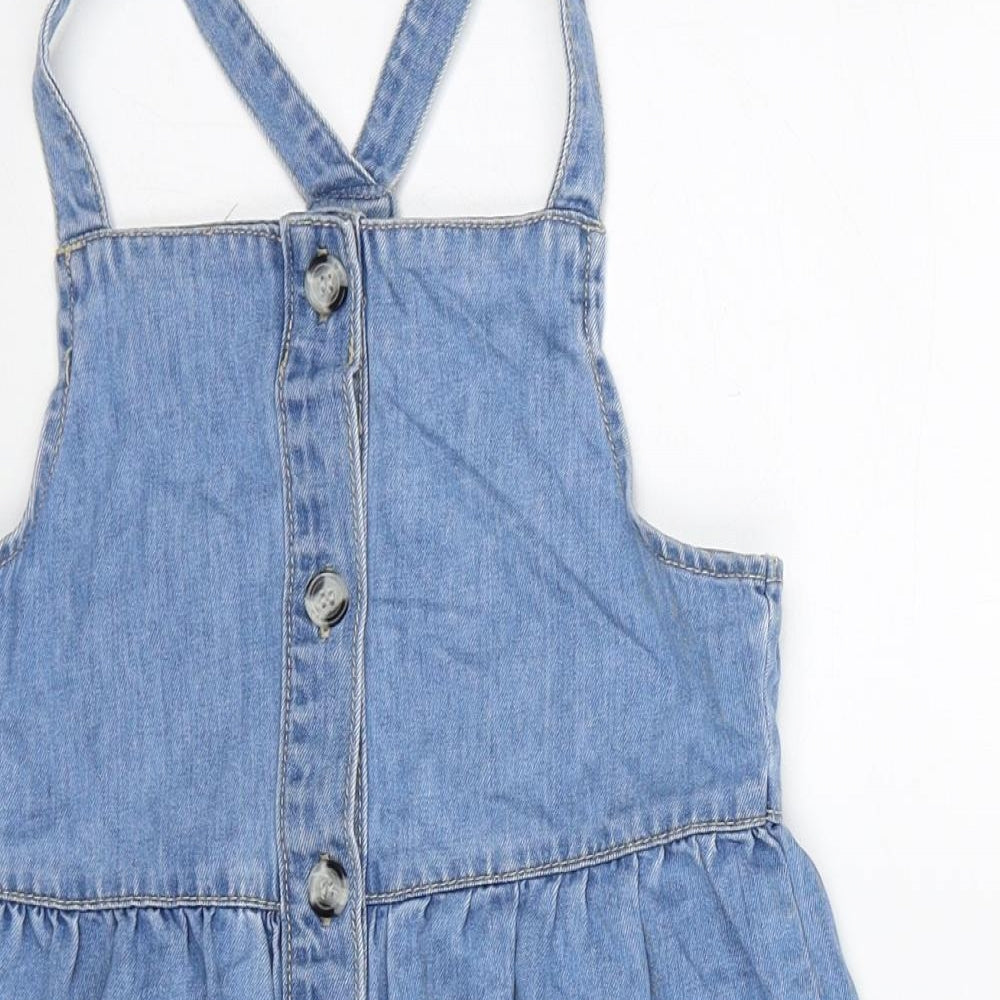 M&Co Girls Blue Cotton Skater Dress Size 8-9 Years Square Neck Button