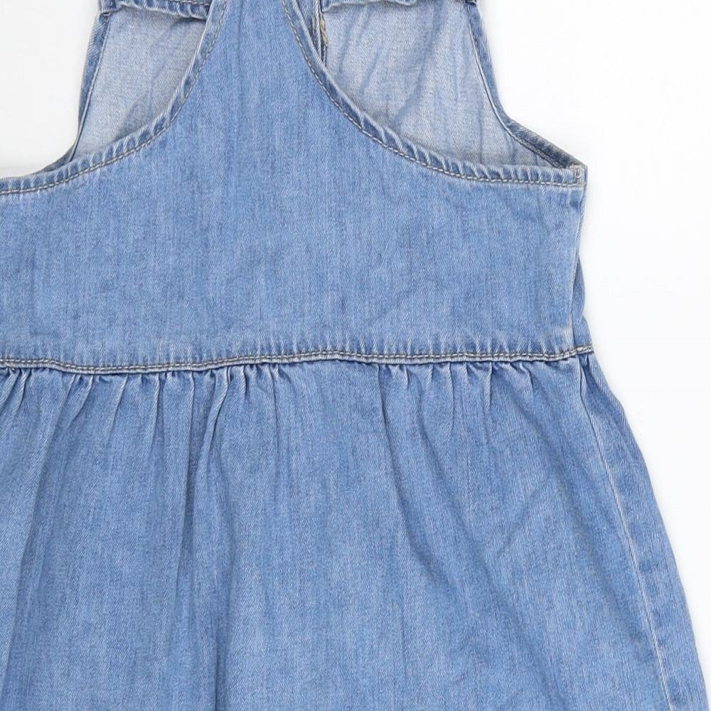 M&Co Girls Blue Cotton Skater Dress Size 8-9 Years Square Neck Button