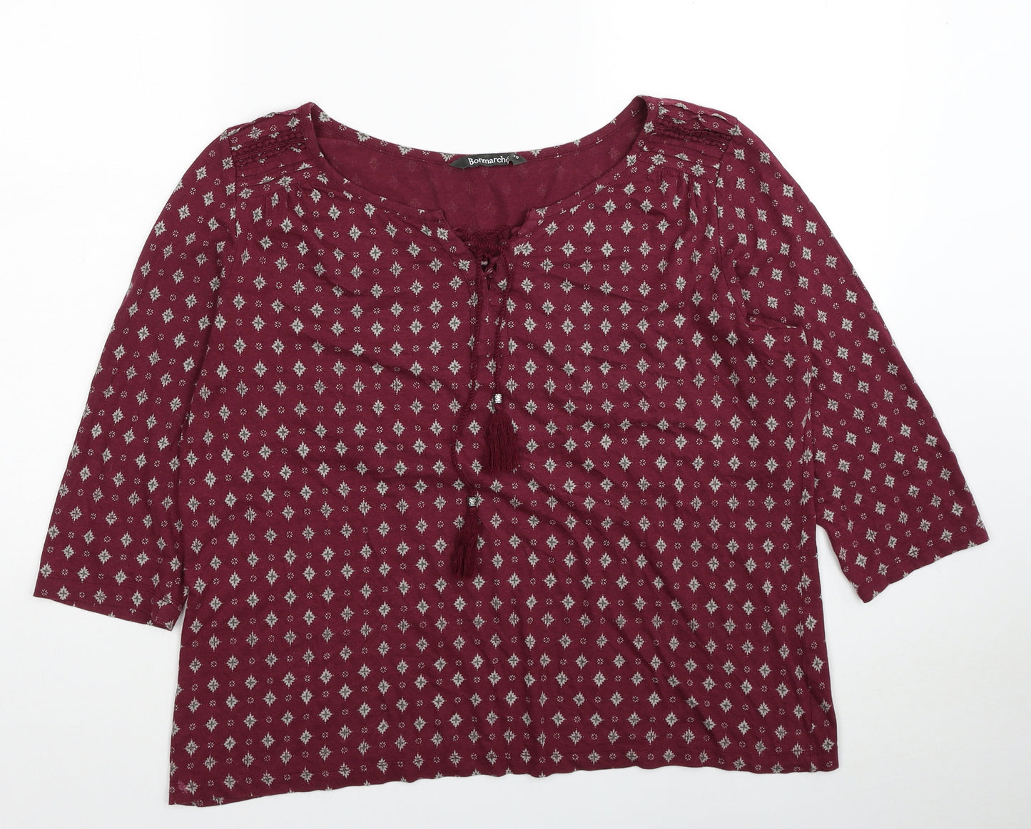 Bonmarché Womens Red Geometric Cotton Basic Blouse Size 18 Boat Neck - Tie Neck Detail