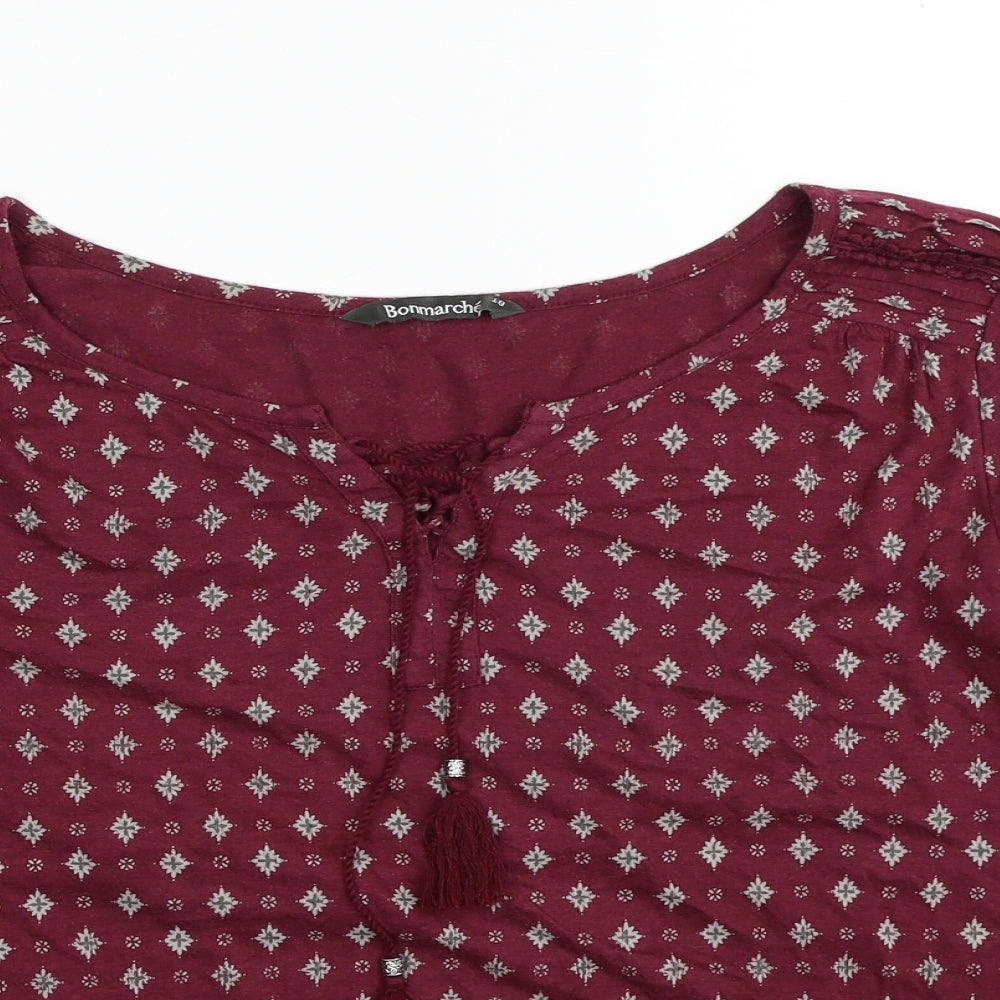 Bonmarché Womens Red Geometric Cotton Basic Blouse Size 18 Boat Neck - Tie Neck Detail