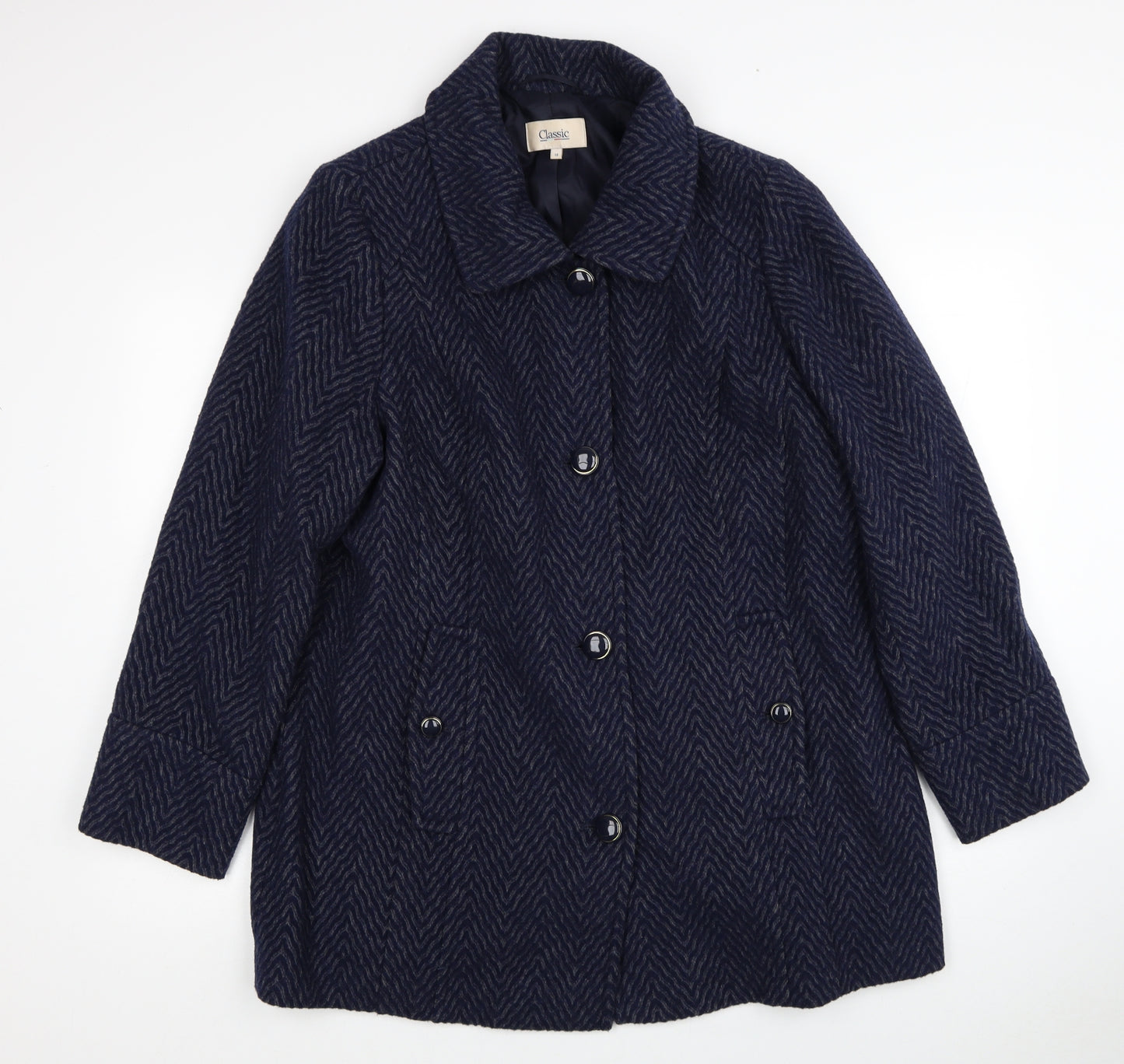 Classic Womens Blue Geometric Pea Coat Coat Size 18 Button