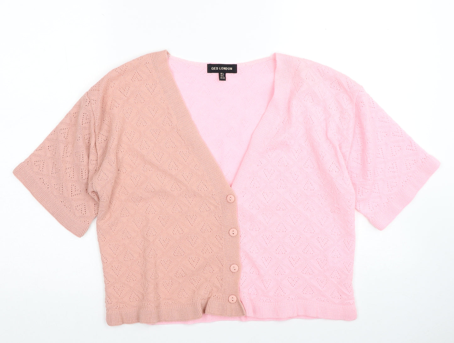 QED London Womens Pink V-Neck Geometric Acrylic Cardigan Jumper Size L