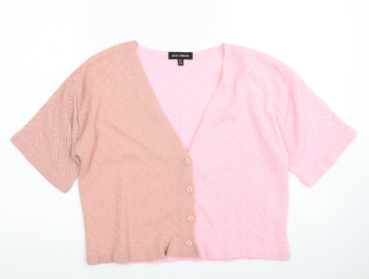QED London Womens Pink V-Neck Geometric Acrylic Cardigan Jumper Size L