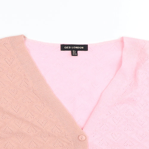 QED London Womens Pink V-Neck Geometric Acrylic Cardigan Jumper Size L