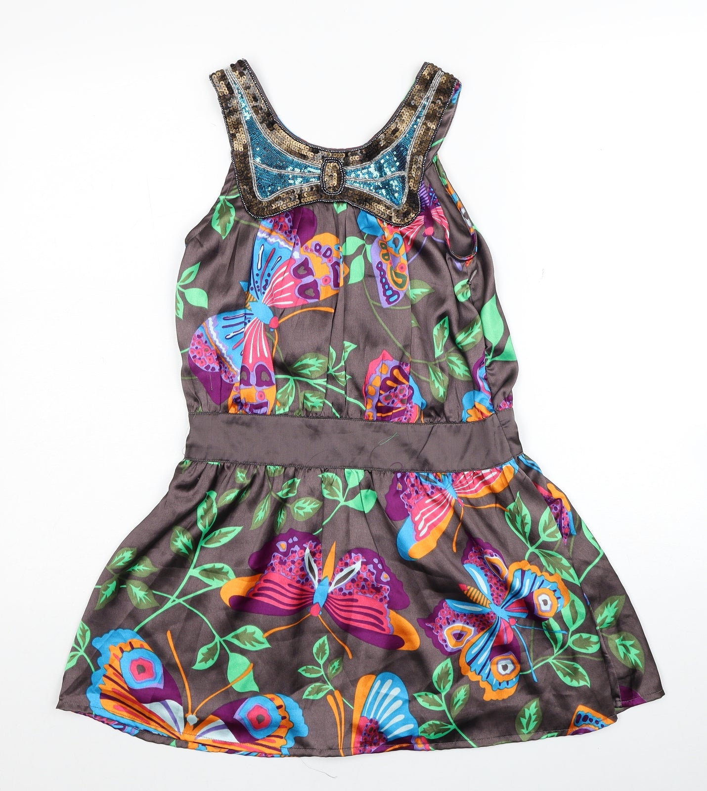 Debenhams Girls Brown Geometric Polyester Skater Dress Size 9 Years Round Neck Zip - Butterfly