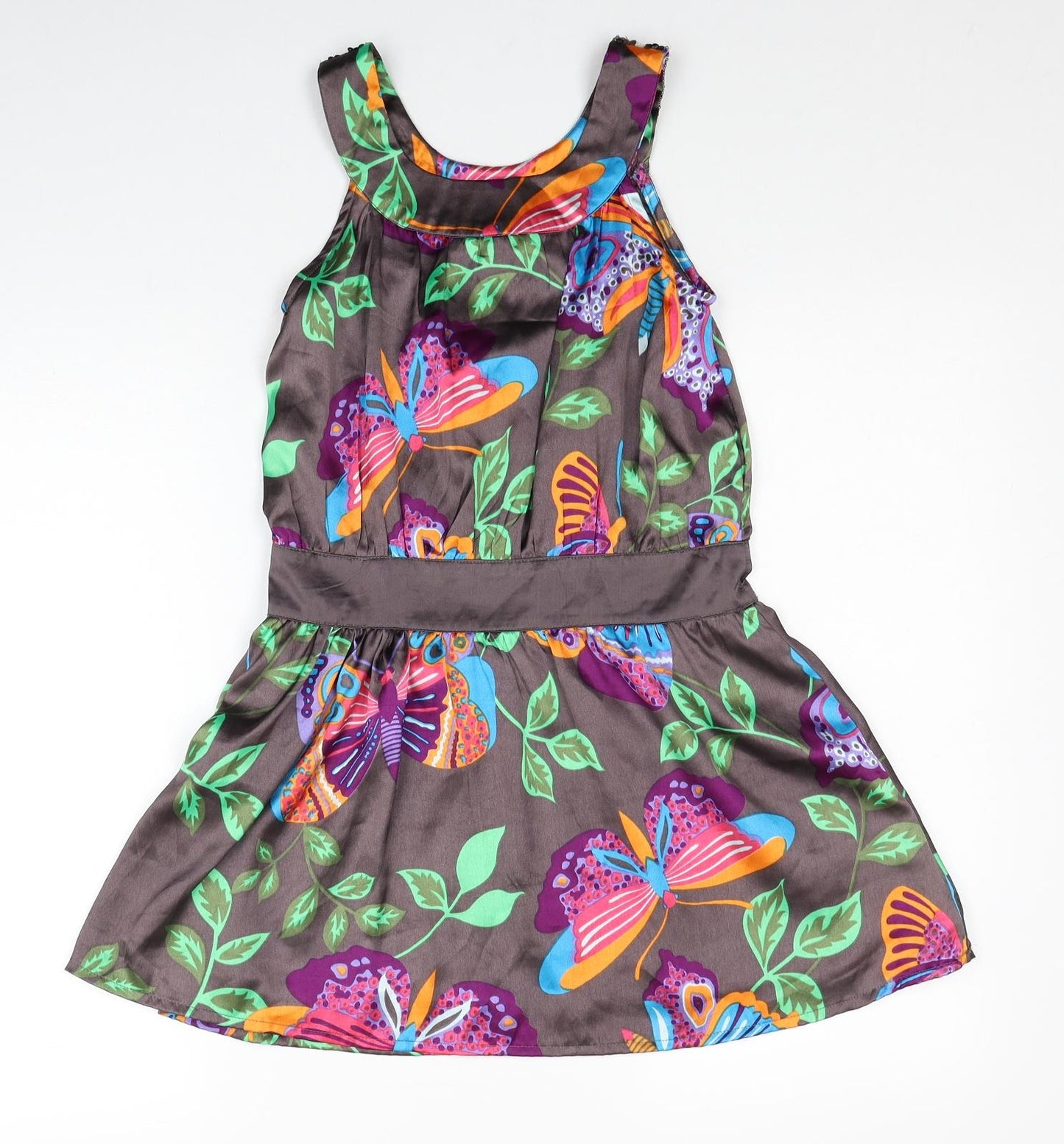 Debenhams Girls Brown Geometric Polyester Skater Dress Size 9 Years Round Neck Zip - Butterfly