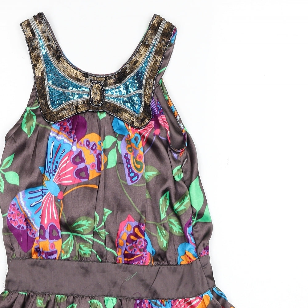 Debenhams Girls Brown Geometric Polyester Skater Dress Size 9 Years Round Neck Zip - Butterfly