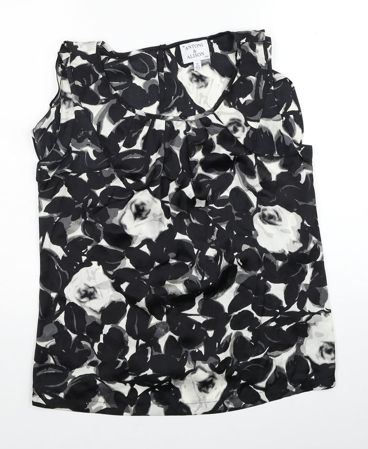 Antoni & Alison Womens Black Floral Polyester Basic Button-Up Size M Round Neck