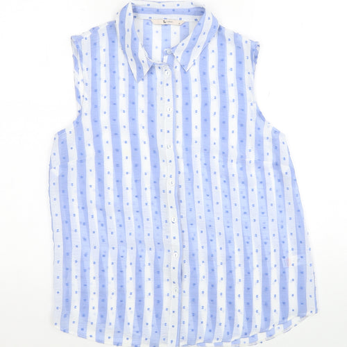 TU Womens Blue Striped Polyester Basic Button-Up Size 10 Collared