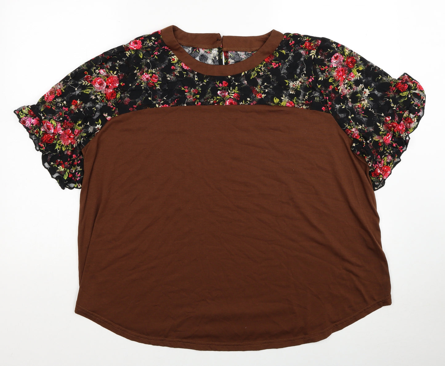 SheIn Womens Brown Floral Polyester Basic T-Shirt Size 2XL Round Neck