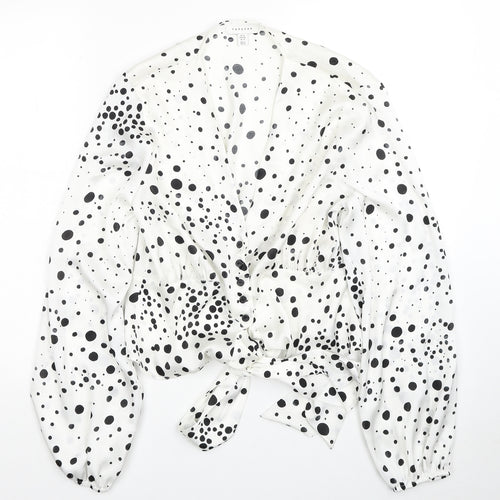 Topshop Womens White Geometric Polyester Basic Blouse Size 10 V-Neck - Tie Front