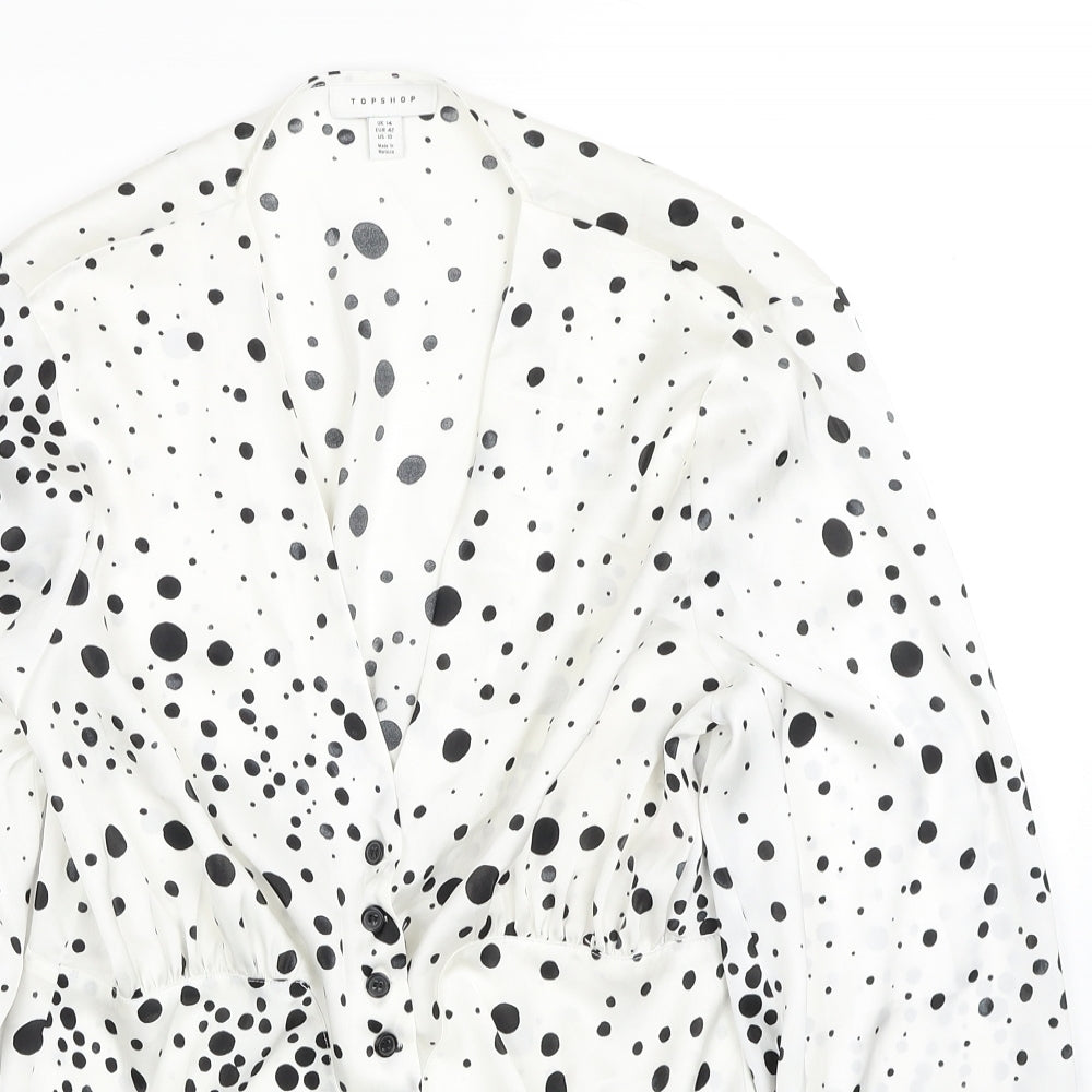 Topshop Womens White Geometric Polyester Basic Blouse Size 10 V-Neck - Tie Front