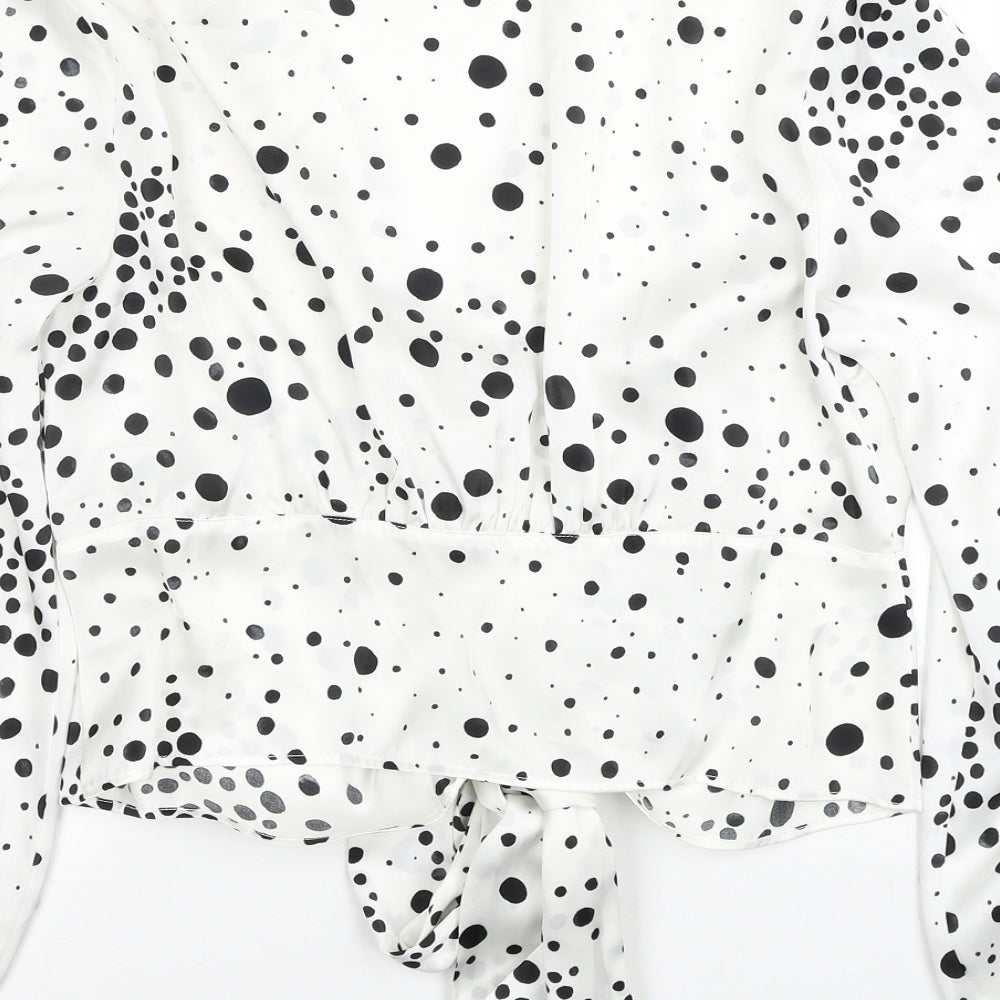 Topshop Womens White Geometric Polyester Basic Blouse Size 10 V-Neck - Tie Front