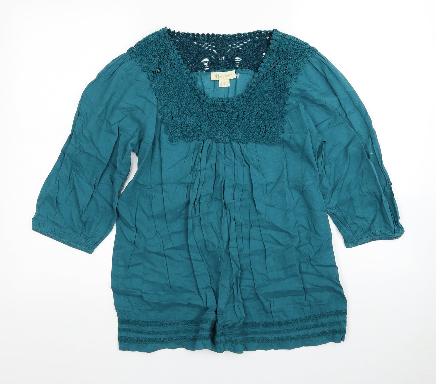Monsoon Womens Blue Cotton Basic Blouse Size 10 Scoop Neck