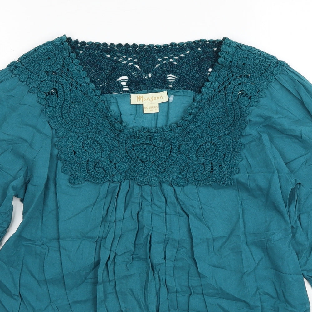 Monsoon Womens Blue Cotton Basic Blouse Size 10 Scoop Neck