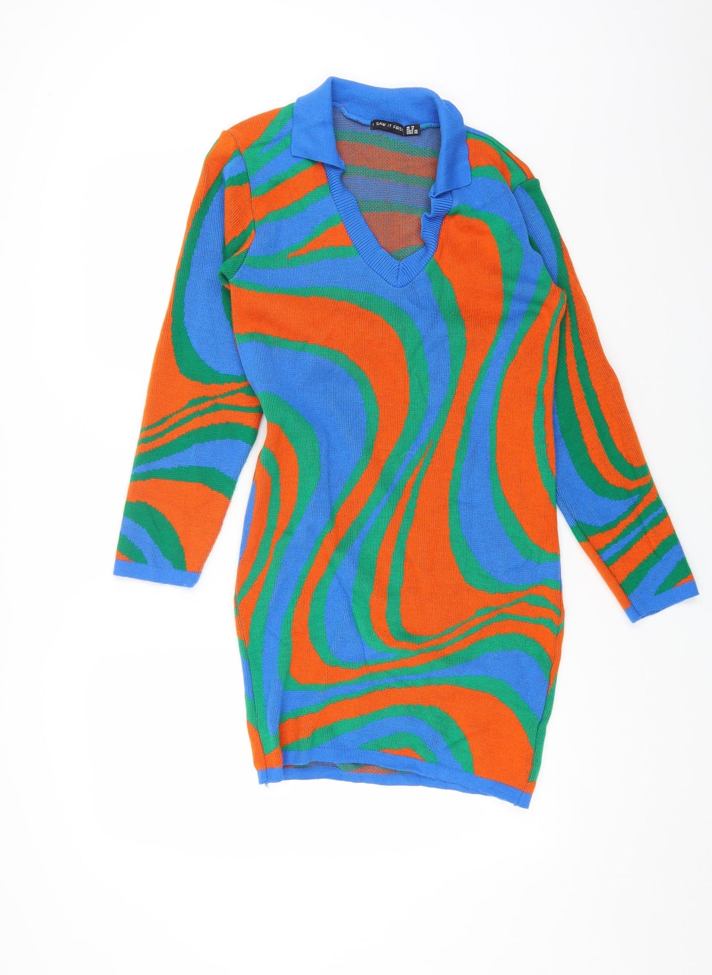 I SAW IT FIRST Womens Multicoloured Geometric Acrylic Jumper Dress Size 10 Collared Pullover