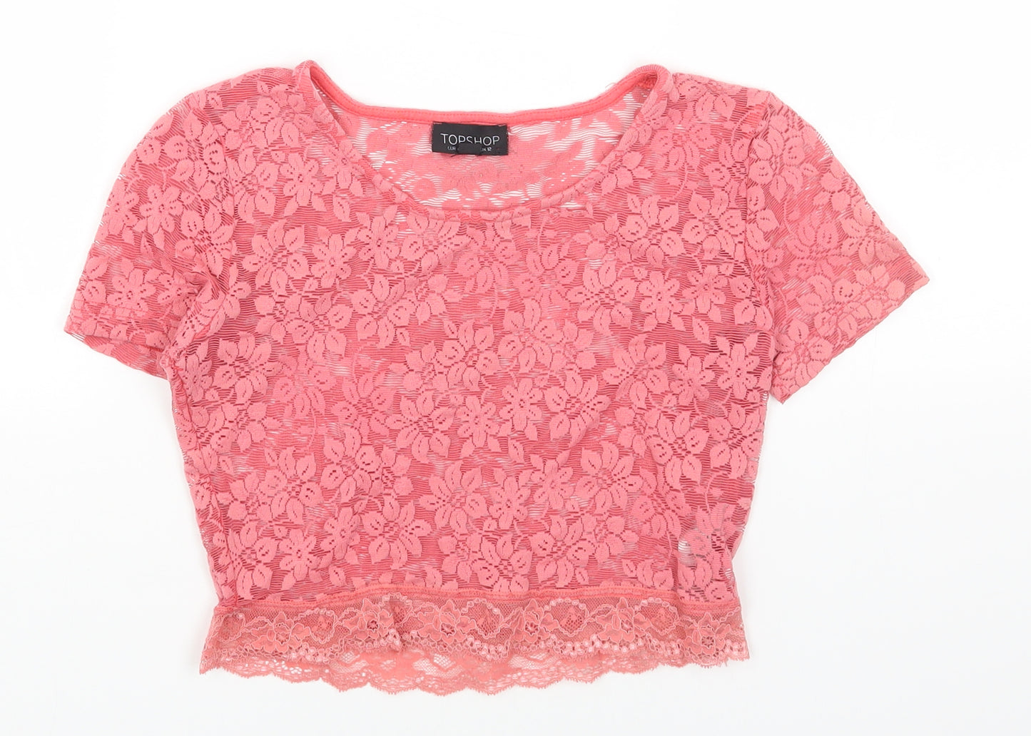 Topshop Womens Pink Floral Polyamide Basic T-Shirt Size 12 Boat Neck