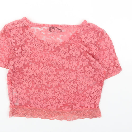 Topshop Womens Pink Floral Polyamide Basic T-Shirt Size 12 Boat Neck