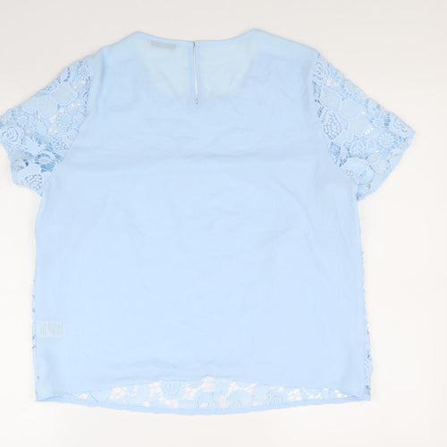 Marks and Spencer Womens Blue Floral Polyester Basic T-Shirt Size 12 Scoop Neck