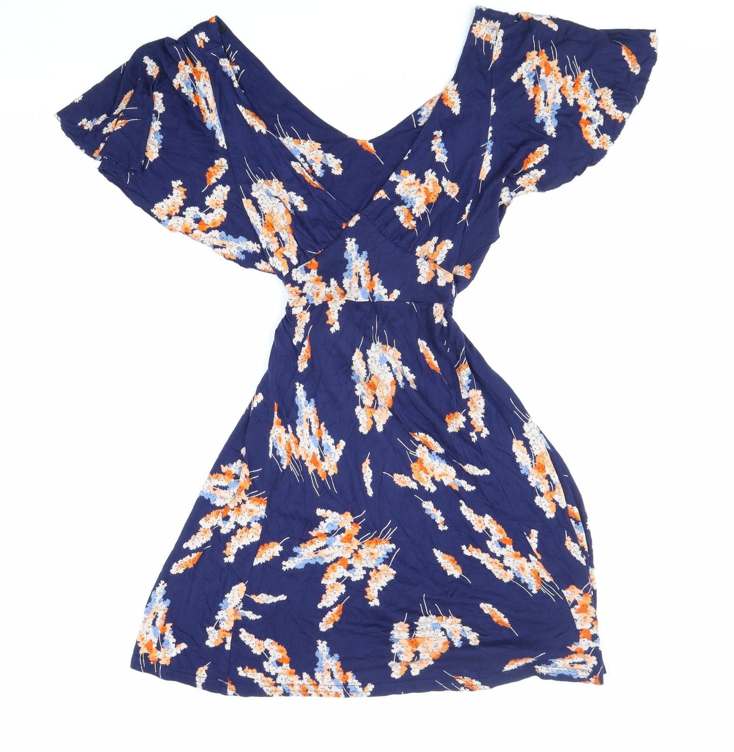 New Look Womens Blue Floral Viscose Fit & Flare Size 12 V-Neck Tie