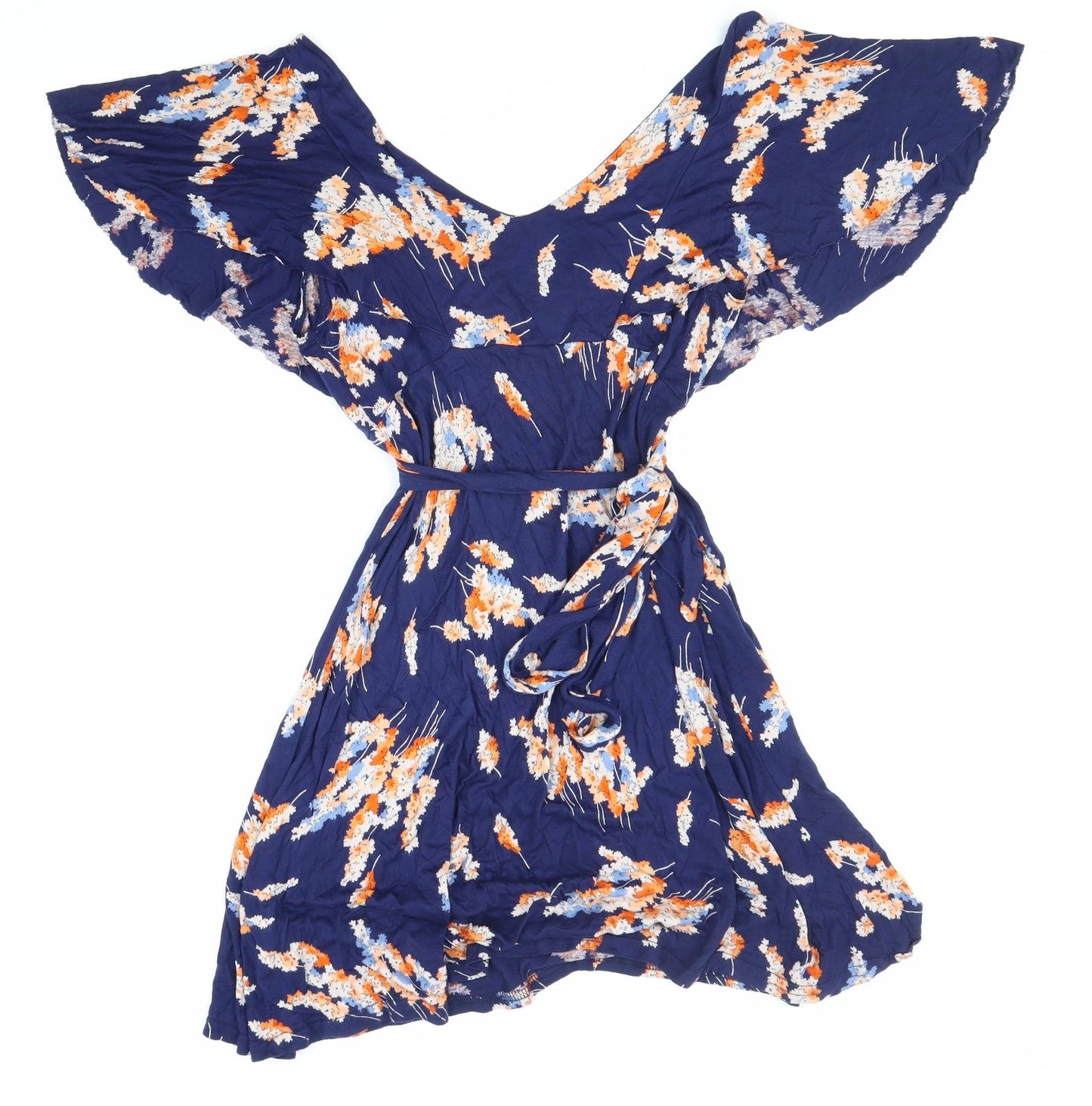 New Look Womens Blue Floral Viscose Fit & Flare Size 12 V-Neck Tie