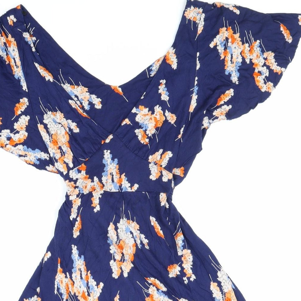 New Look Womens Blue Floral Viscose Fit & Flare Size 12 V-Neck Tie