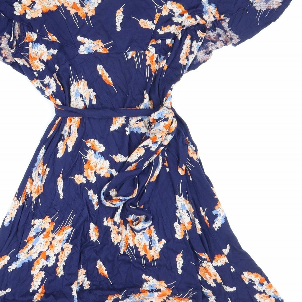 New Look Womens Blue Floral Viscose Fit & Flare Size 12 V-Neck Tie