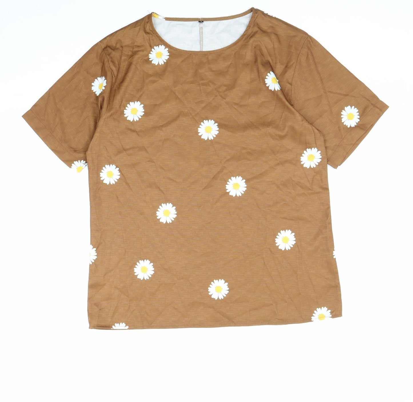 Preworn Womens Brown Floral Viscose Basic T-Shirt Size L Round Neck
