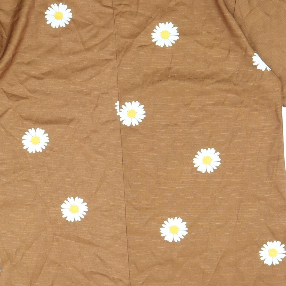 Preworn Womens Brown Floral Viscose Basic T-Shirt Size L Round Neck