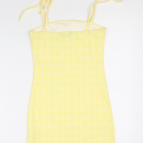 SheIn Womens Yellow Check Polyester Bodycon Size XS Square Neck Pullover