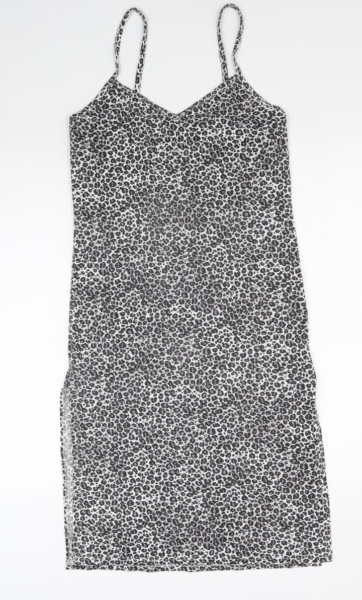 Boohoo Womens Black Animal Print Polyester Slip Dress Size 6 V-Neck Pullover