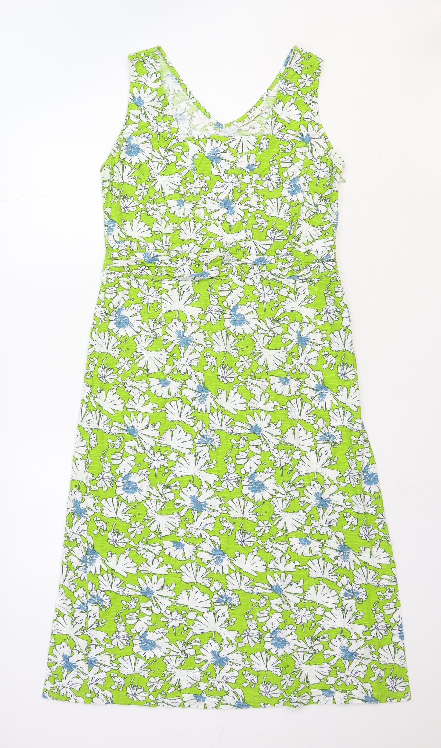 Adini Womens Green Floral Polyester A-Line Size M V-Neck Zip