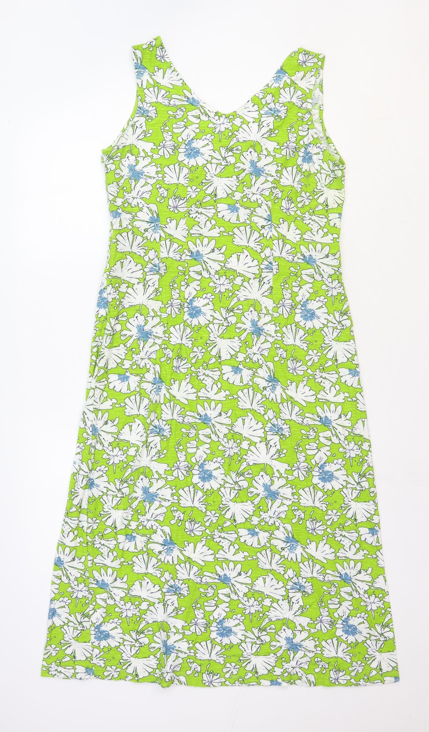 Adini Womens Green Floral Polyester A-Line Size M V-Neck Zip