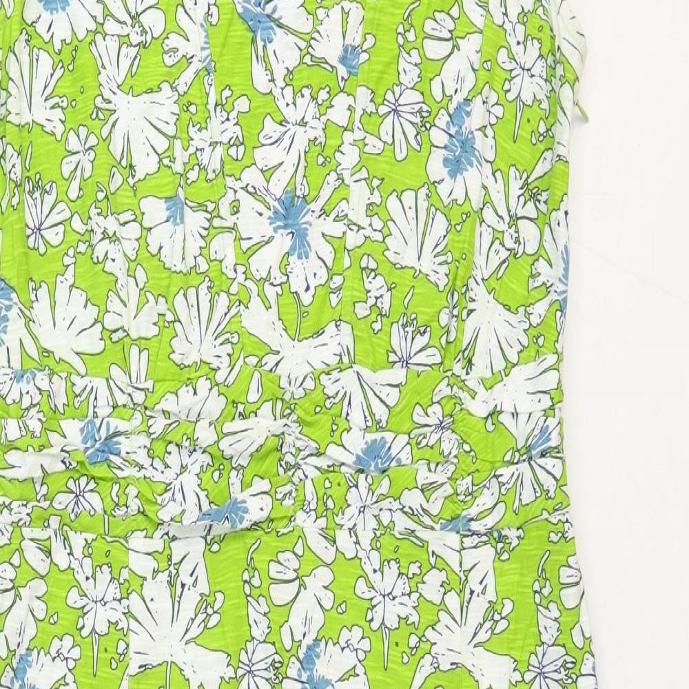 Adini Womens Green Floral Polyester A-Line Size M V-Neck Zip