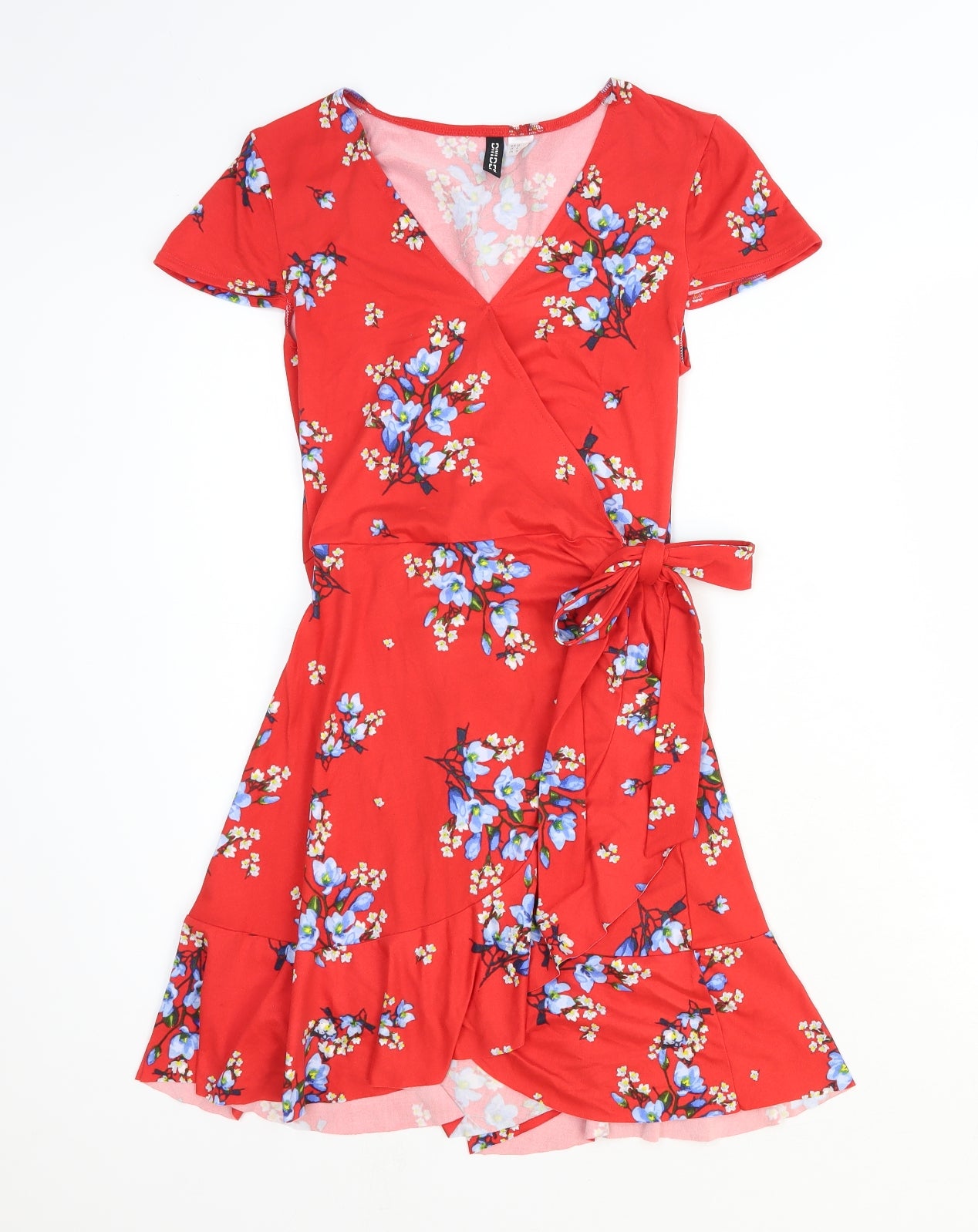 H&M Womens Red Floral Polyester Wrap Dress Size 4 V-Neck Tie