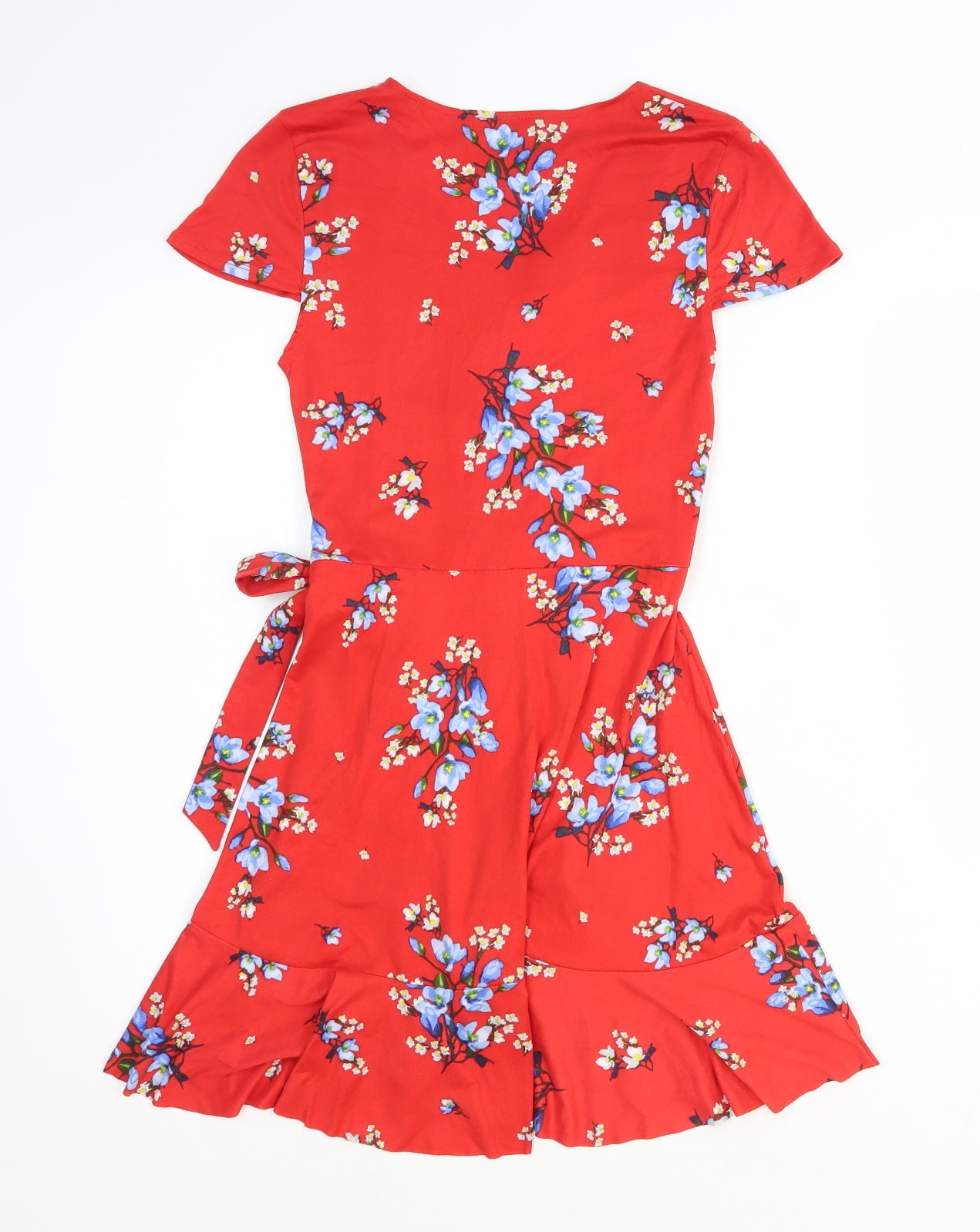 H&M Womens Red Floral Polyester Wrap Dress Size 4 V-Neck Tie