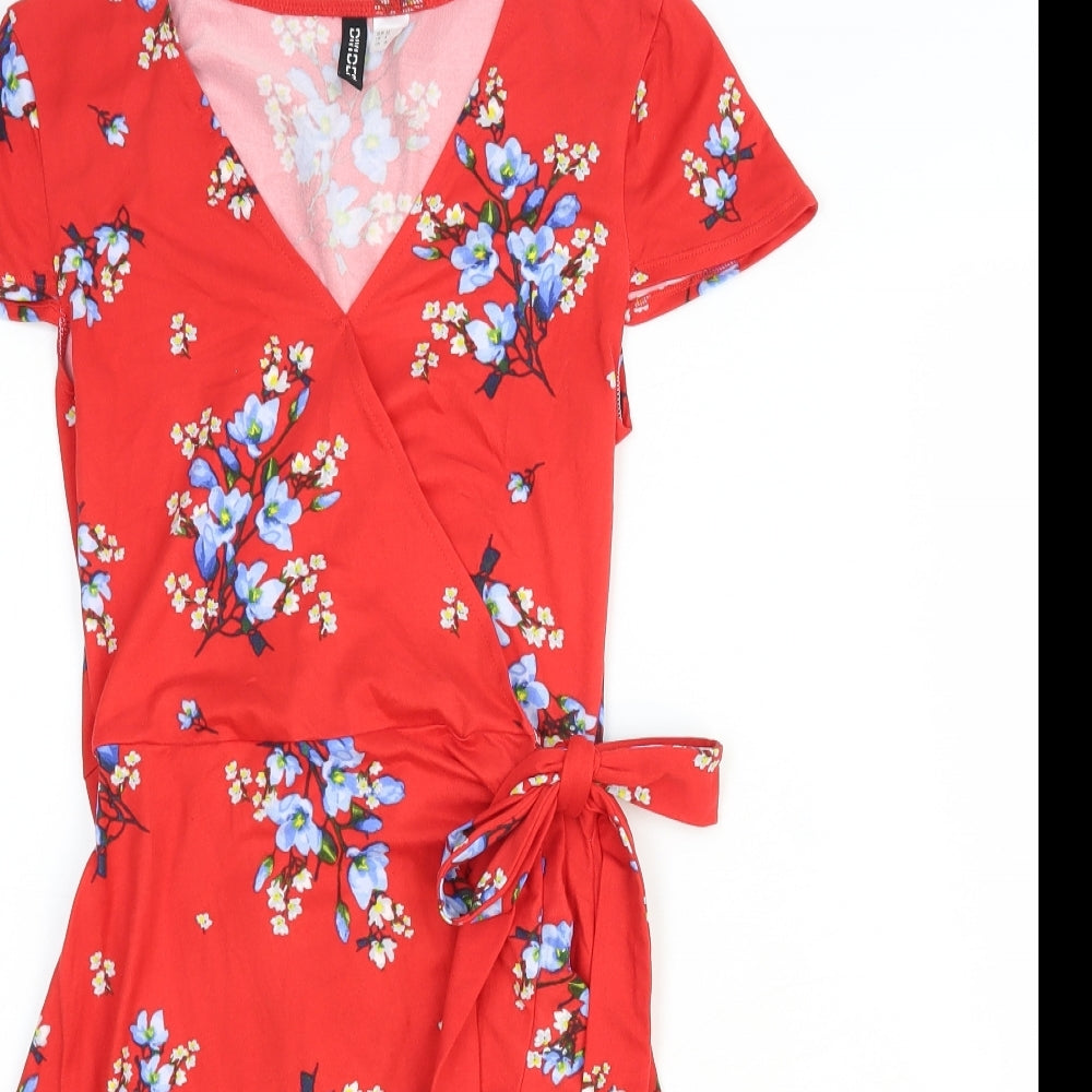 H&M Womens Red Floral Polyester Wrap Dress Size 4 V-Neck Tie