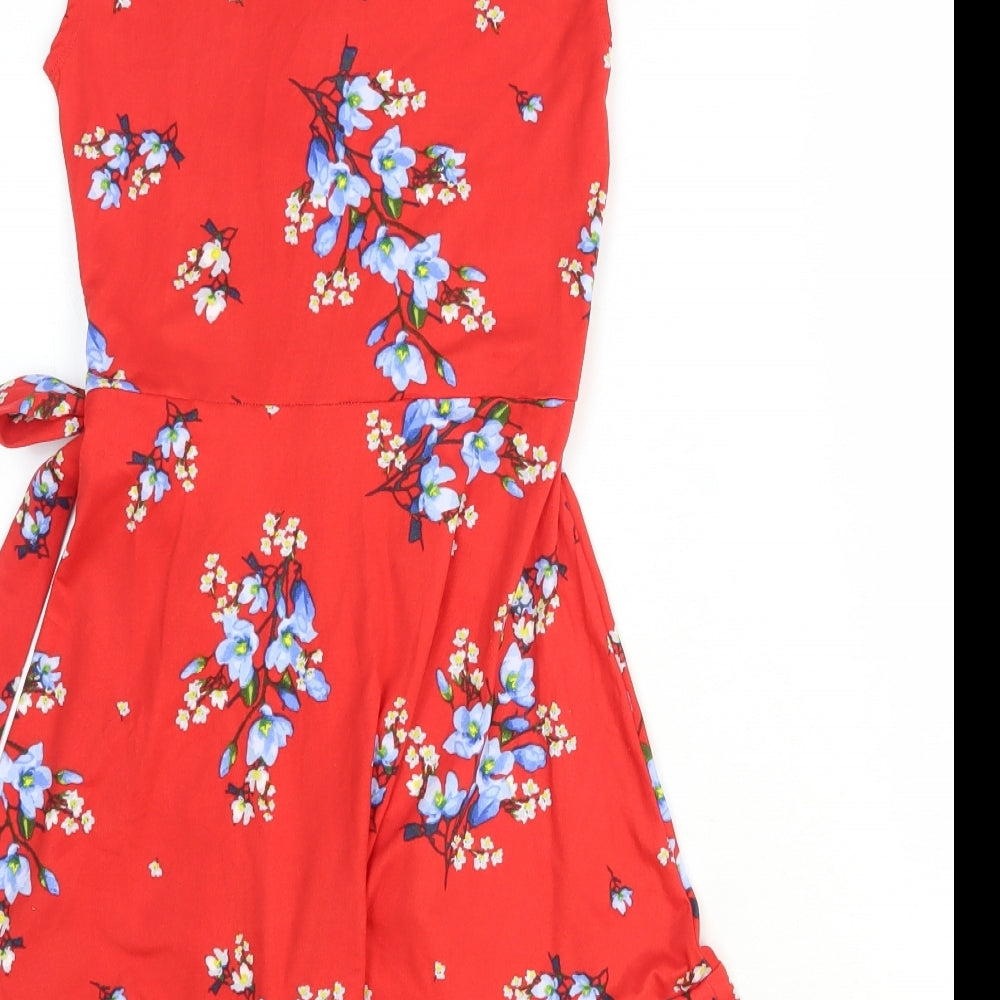 H&M Womens Red Floral Polyester Wrap Dress Size 4 V-Neck Tie