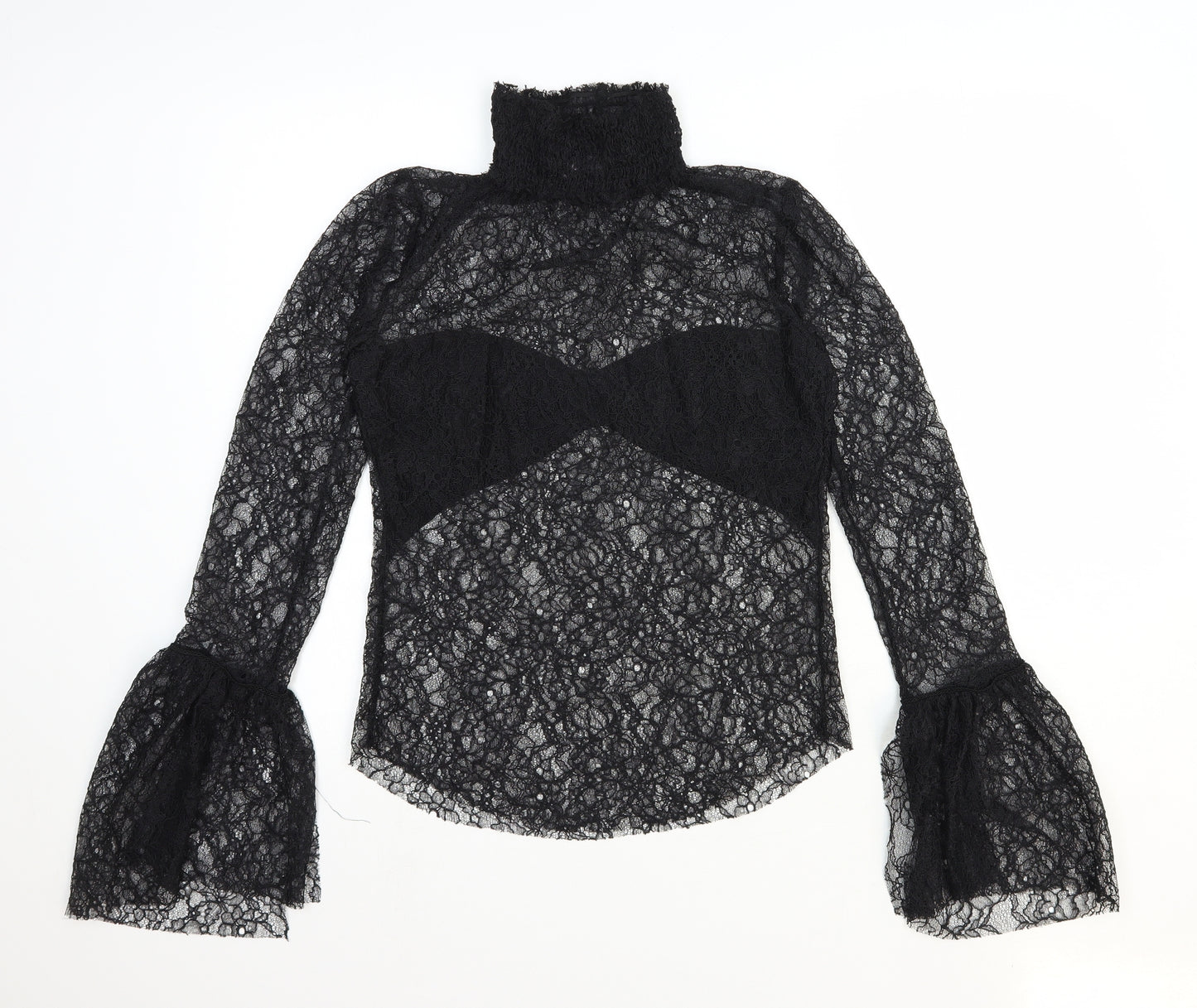 Zara Womens Black Floral Viscose Basic Blouse Size S High Neck - Flute Sleeve