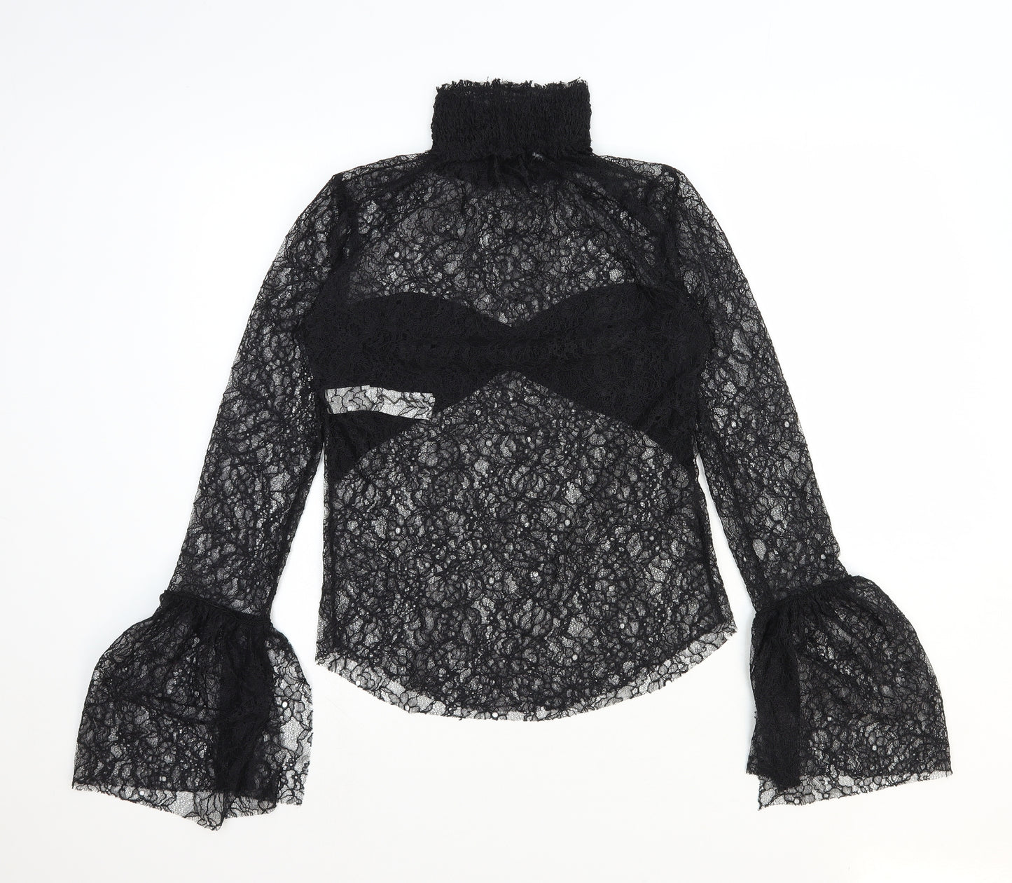 Zara Womens Black Floral Viscose Basic Blouse Size S High Neck - Flute Sleeve