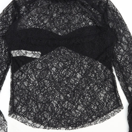 Zara Womens Black Floral Viscose Basic Blouse Size S High Neck - Flute Sleeve