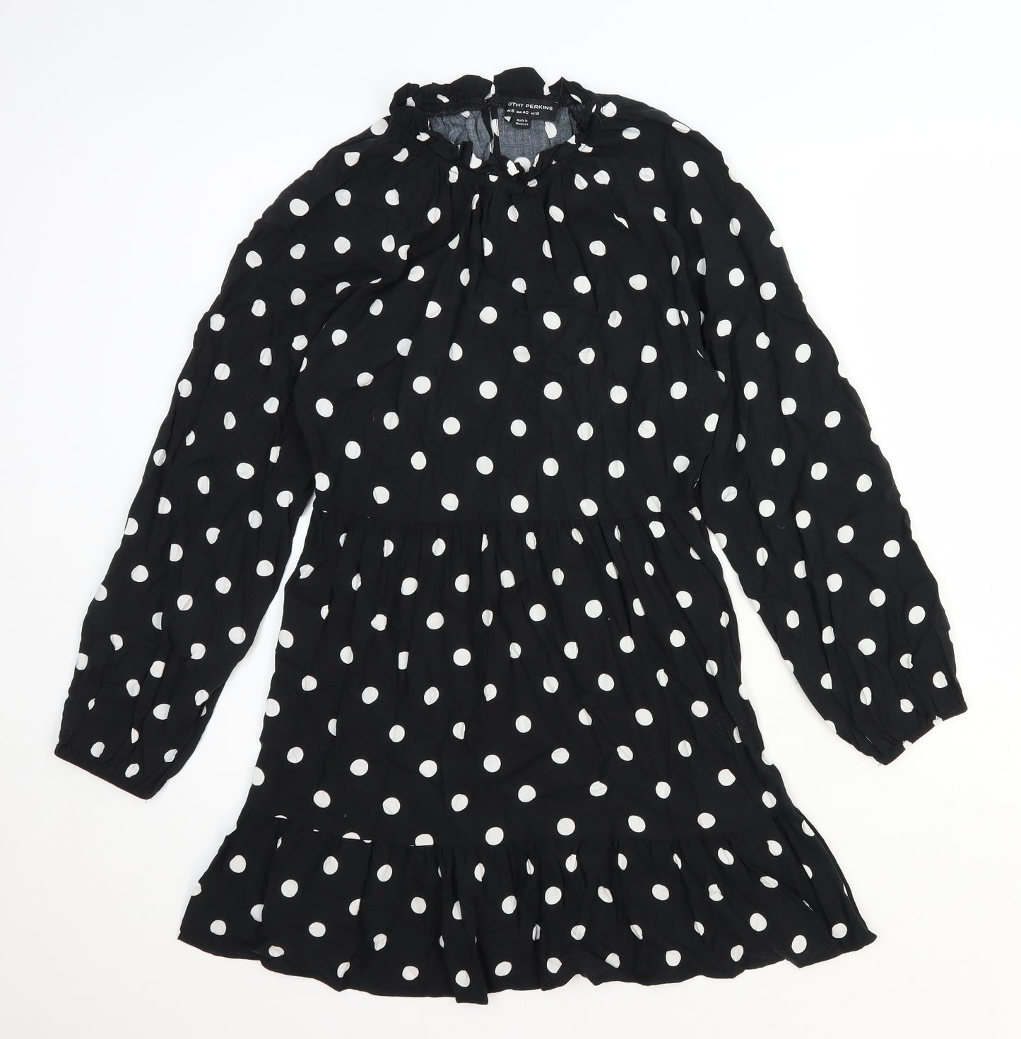 Dorothy Perkins Womens Black Polka Dot Viscose A-Line Size 12 Mock Neck Button