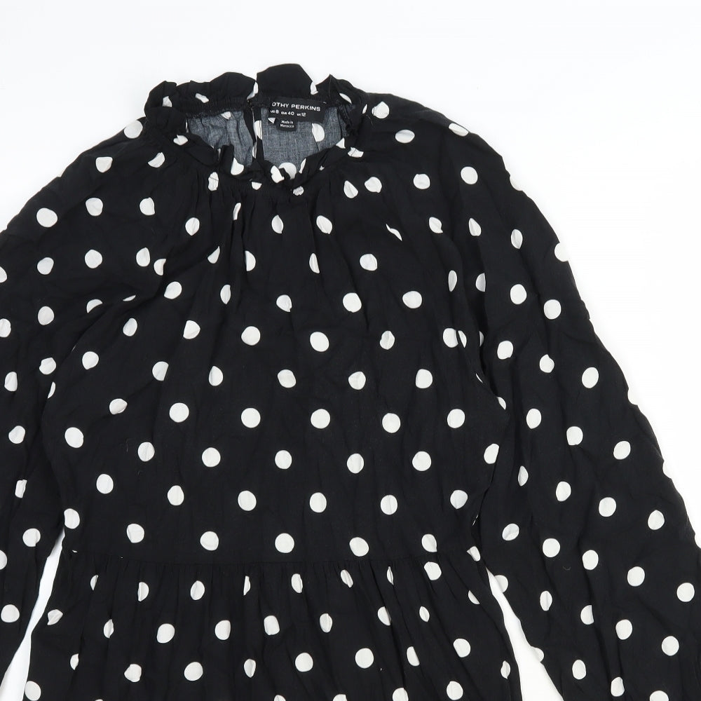 Dorothy Perkins Womens Black Polka Dot Viscose A-Line Size 12 Mock Neck Button