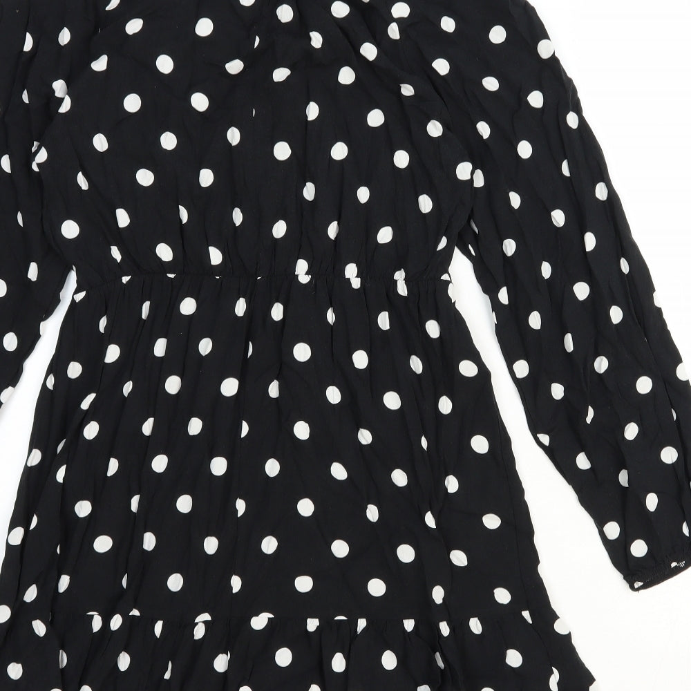 Dorothy Perkins Womens Black Polka Dot Viscose A-Line Size 12 Mock Neck Button