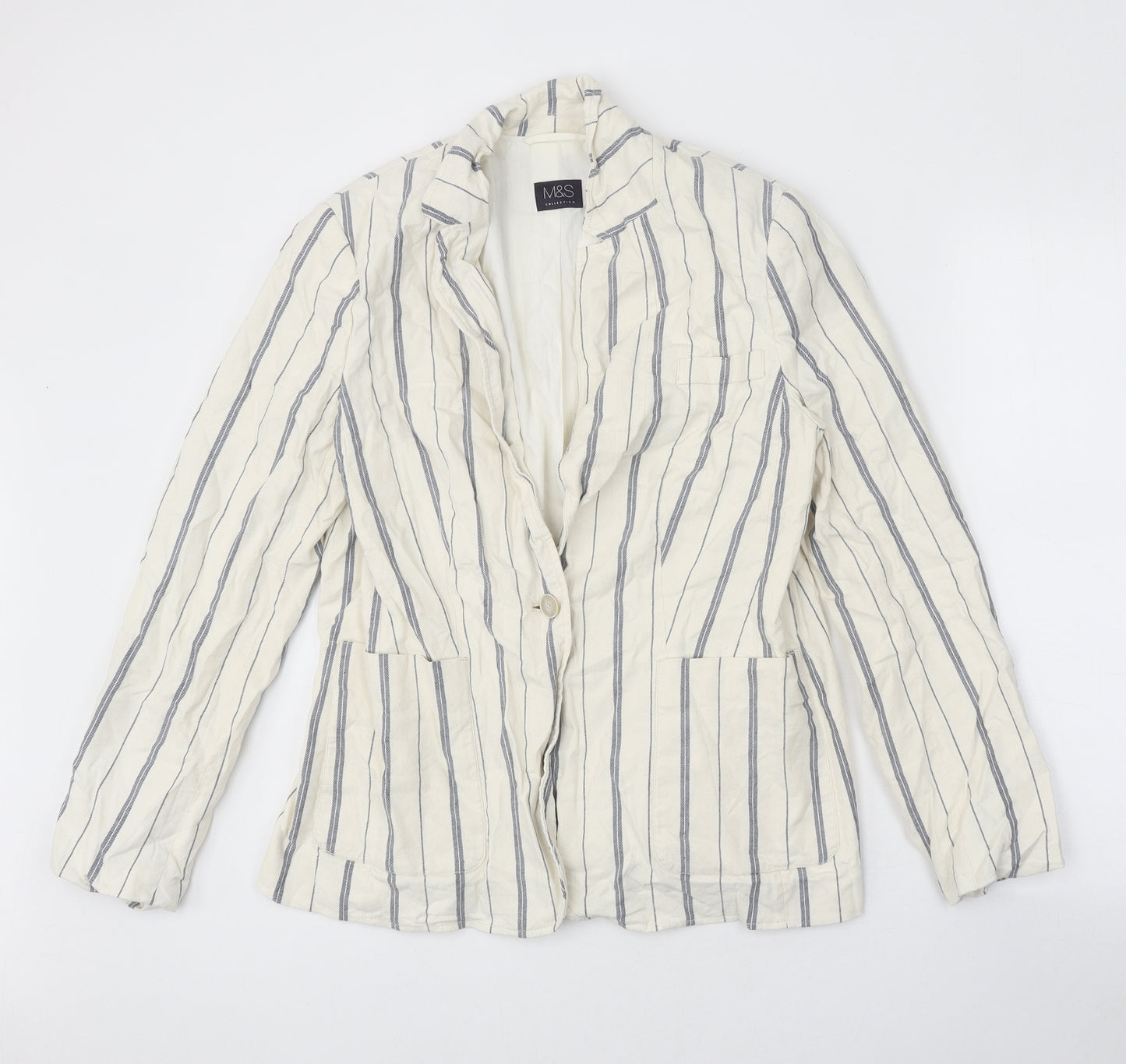 Marks and Spencer Womens White Striped Jacket Blazer Size 14 Button
