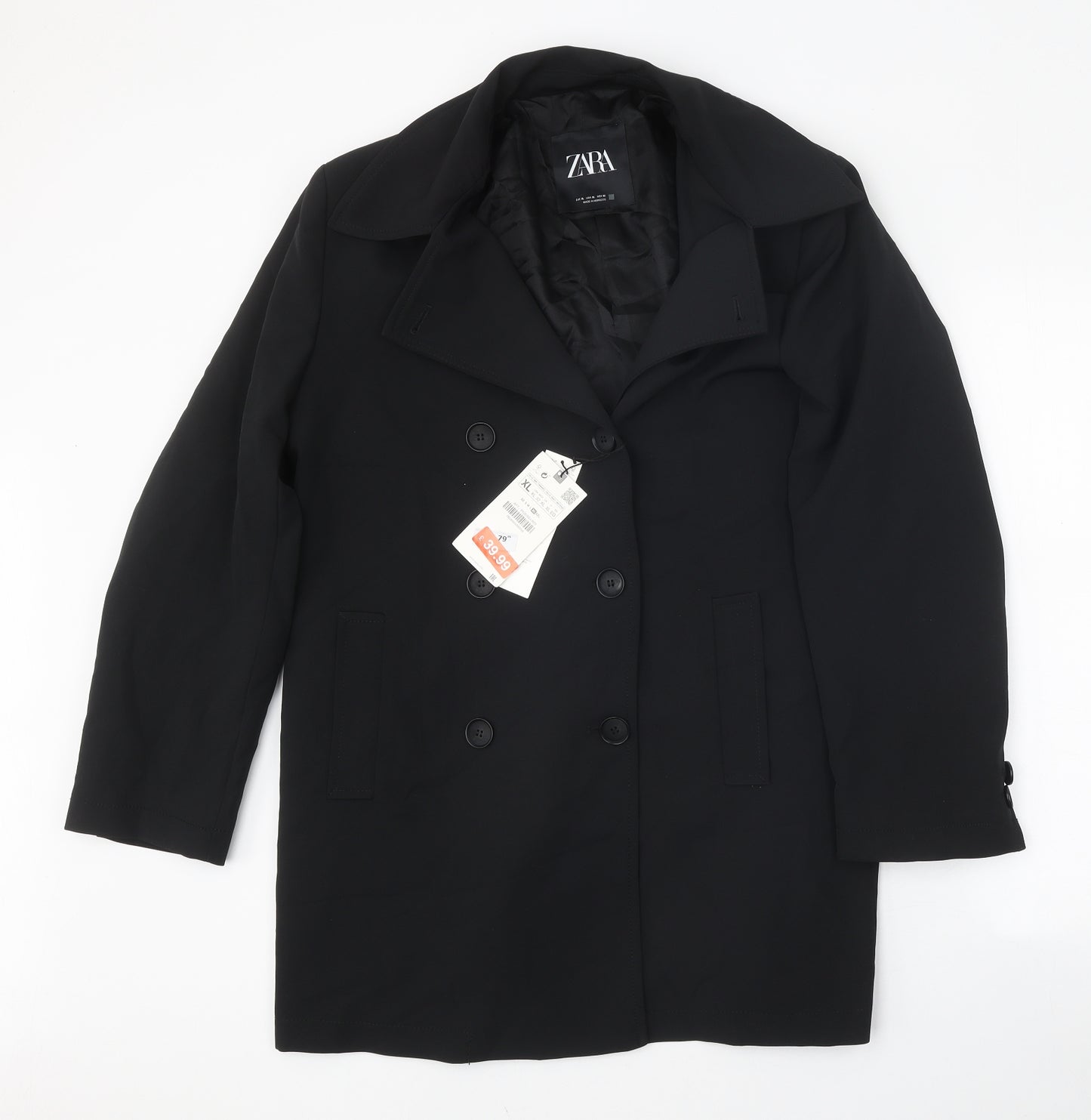 Zara Womens Black Pea Coat Coat Size XL Button