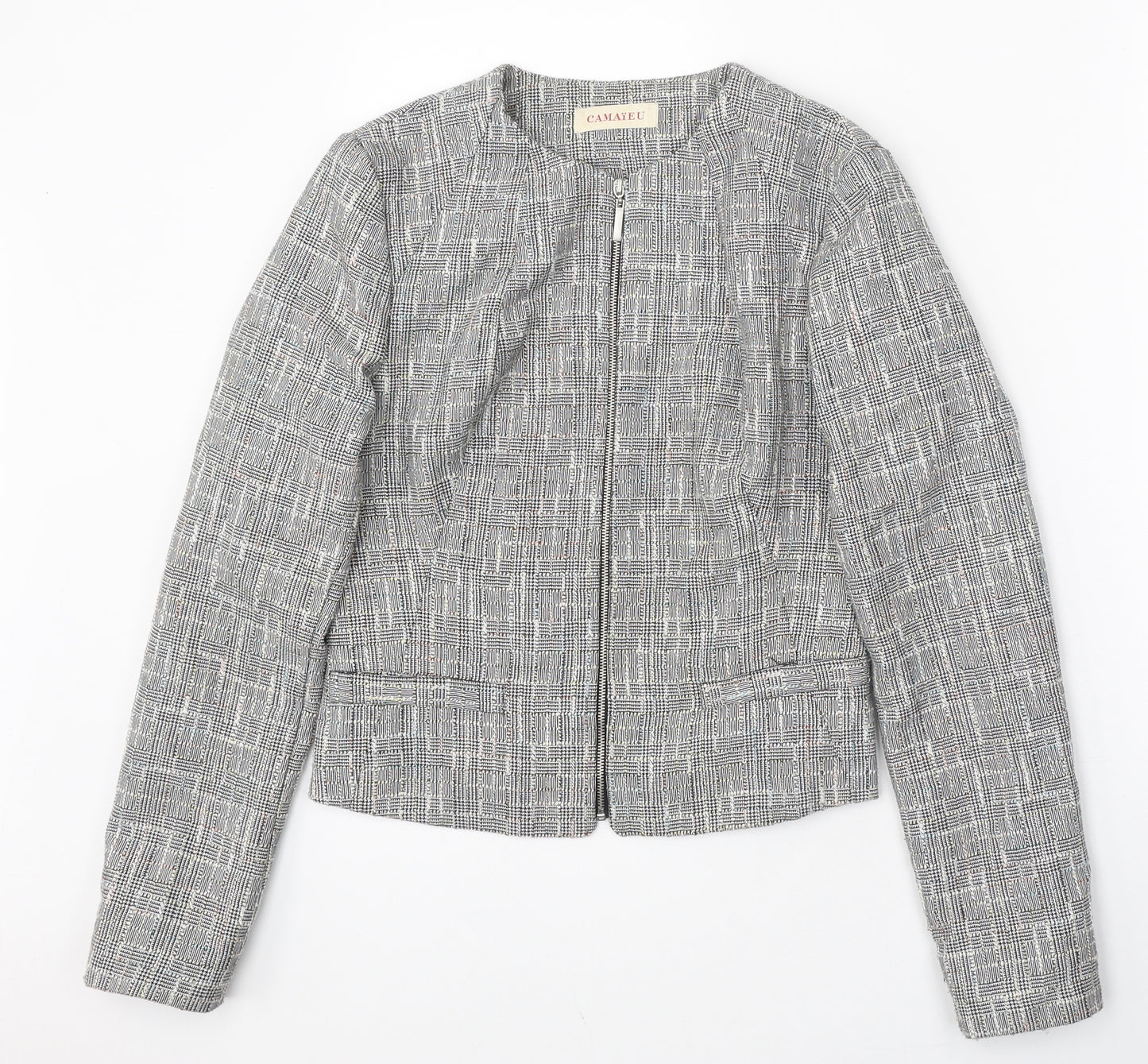 Camaieu Womens Grey Plaid Jacket Size 6 Zip
