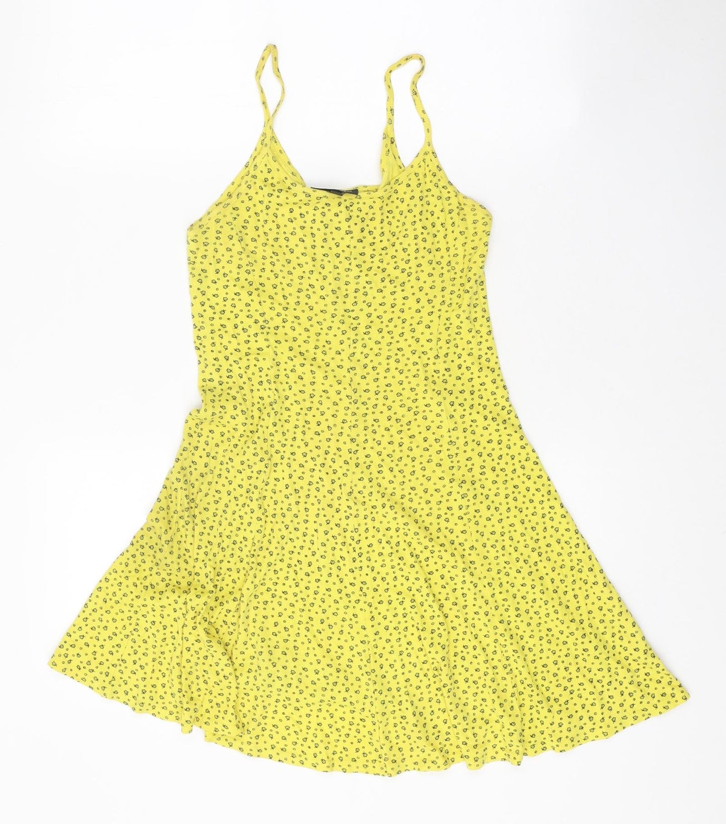 Topshop Womens Yellow Floral 100% Cotton Skater Dress Size 8 Scoop Neck Pullover