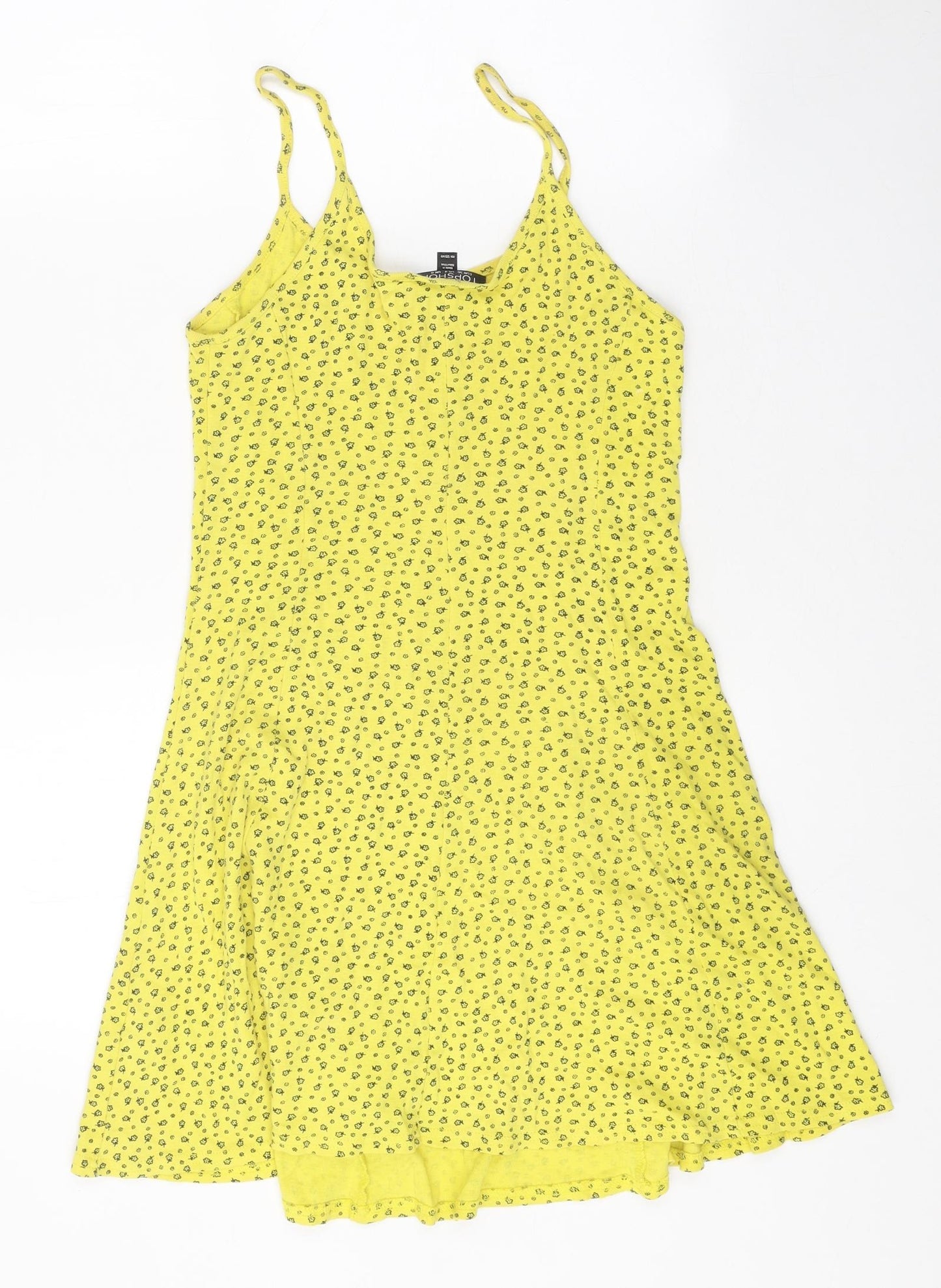 Topshop Womens Yellow Floral 100% Cotton Skater Dress Size 8 Scoop Neck Pullover