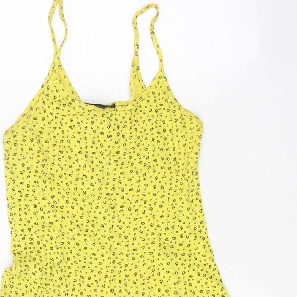 Topshop Womens Yellow Floral 100% Cotton Skater Dress Size 8 Scoop Neck Pullover